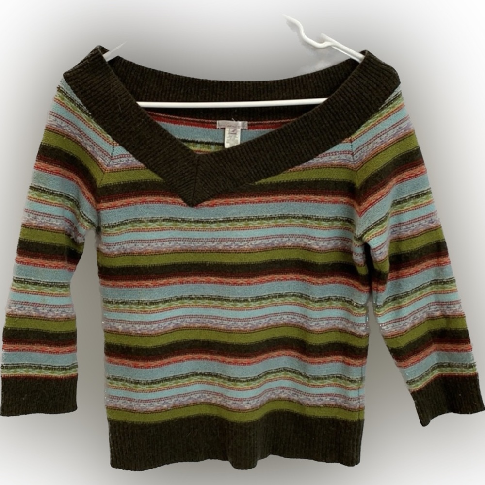 Striped, Wool Angora Sweater w/ Asymmetrical Vneck